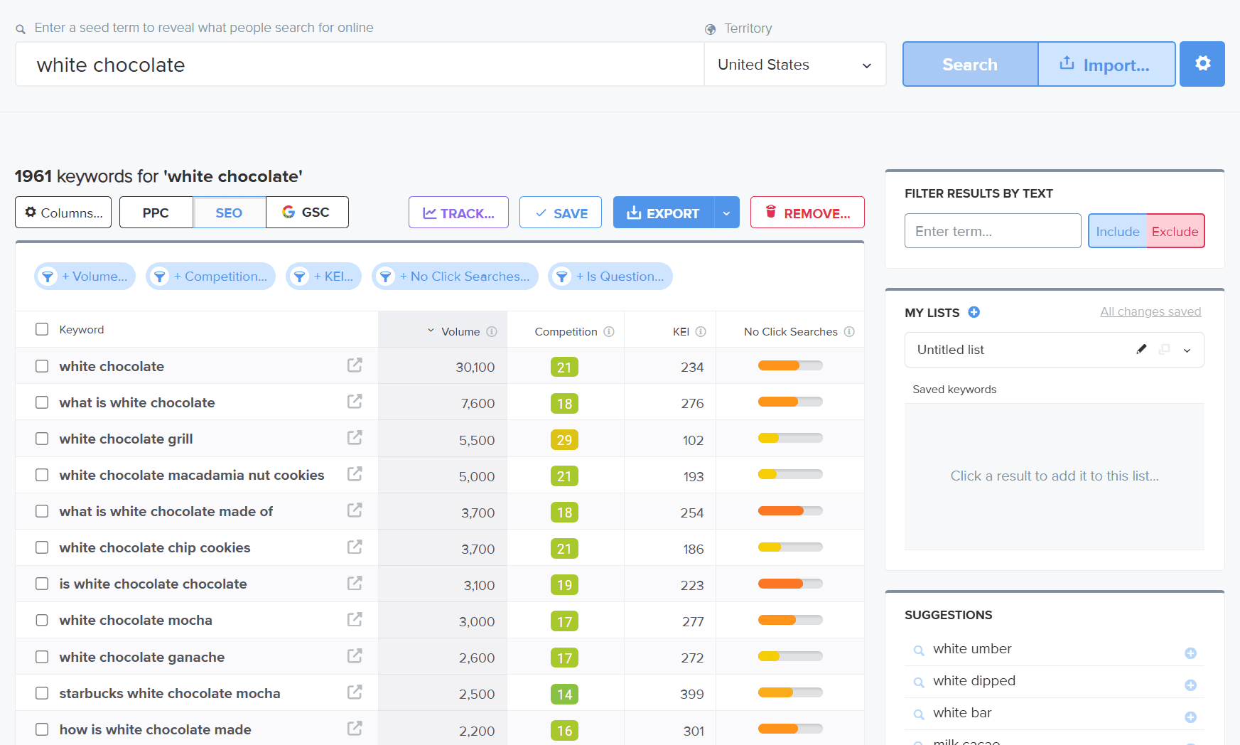 Wordtracker keyword research interface